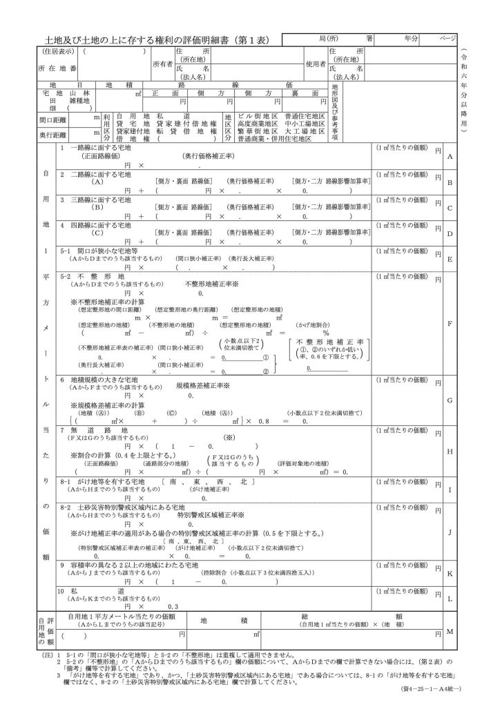 土地及び土地の上に存する権利の評価明細書(第1表)