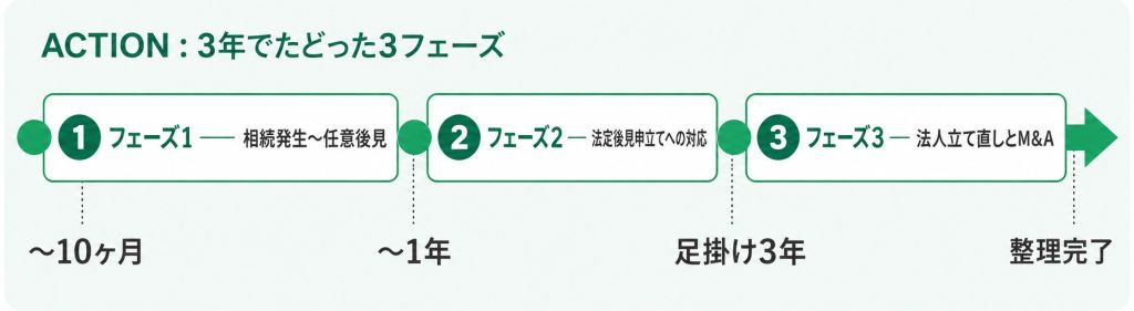 ACTION:実行の流れ(相続発生〜任意後見の確保、法定後見申立てへの対応、法人の立て直しとM&A)