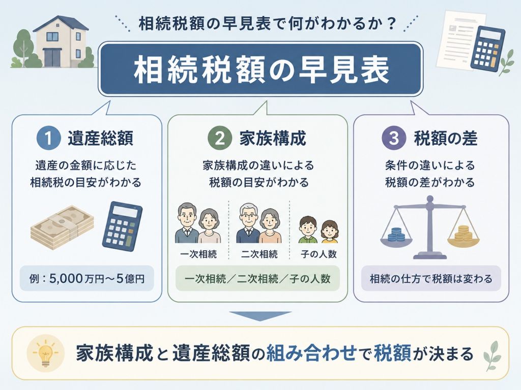 相続税額の早見表(遺産総額、家族構成、税額の差)